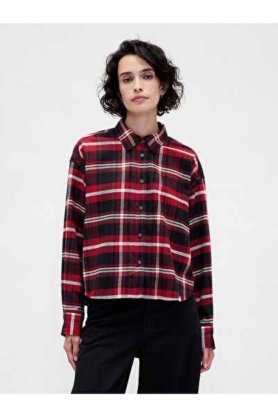 GAP Kadın Bordo Flannel Straight-Hem Crop Gömlek