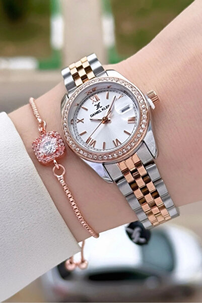 Daniel Klein Rose Gümüş Renk 28 mm Kristal Cam Kadın Kol Saati ve Bileklik DK...
