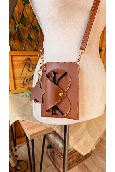 Glasses Case,Card Compartment,Phone Bag. Tassel Star Charm Keychain Gift ( Tan)
