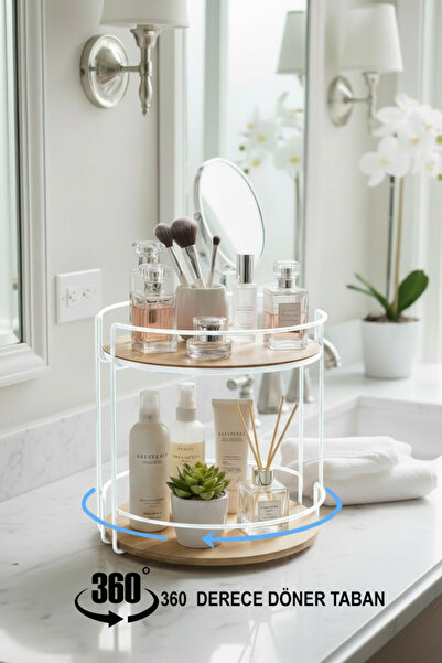 EVSTYLE 360 Degree Rotating Two-Tier Bamboo Makeup and Jewelry Organizer - Wh...