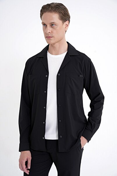 Efor Comfort Fit Apaş Collar Textured Patterned 100% Cotton Black Shirt Jacke...