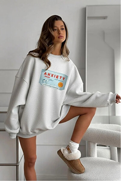 The Champ Clothing فستان سويت شيرت نسائي قصة فضفاضة Anxiety Bar مطبوع رمادي م...