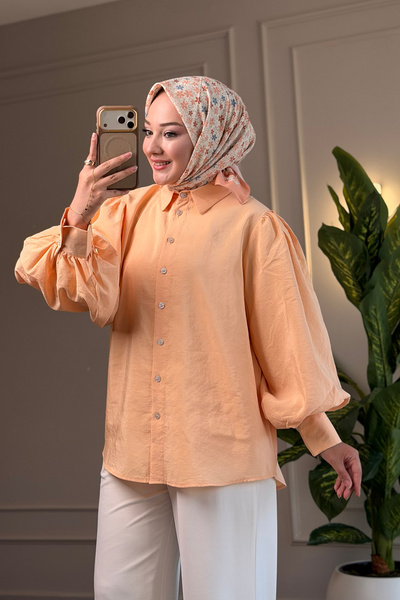 Suede Style 8199 - Stylish Comfortable Peach Balloon Sleeve Shirt