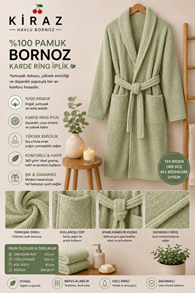 KİRAZHOME 100% Organic Soft Textured Green Unisex Bathrobe