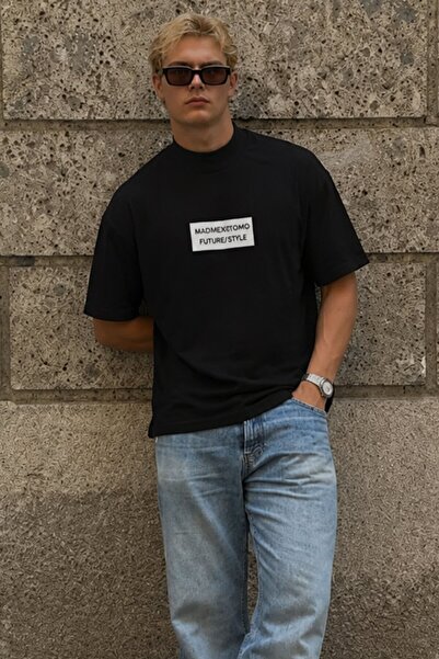 Madmext Men's Black Lying High Collar Oversize T-Shirt 7005