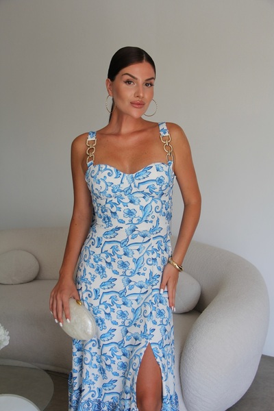 Julidress Μακρύ φόρεμα με μεταλλικό κρίκο και λεπτομέρεια με σχέδιο, με σκίσι...