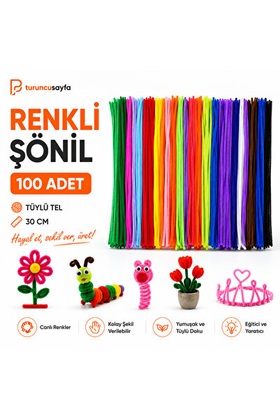everart Renkli Şönil, 100 Adet, Tüylü Tel, 30 cm, Eğitici Şönil Seti, Peluş Tel