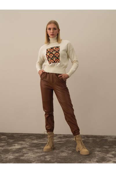 Xint Kadın Camel Regular Fit Deri Görünümlü Pantolon