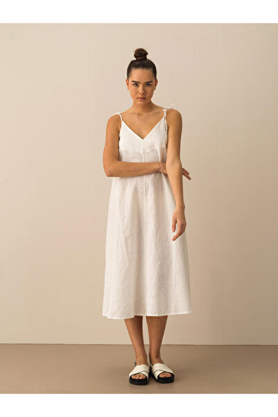 Xint Kadın Kırık Beyaz %100 Keten Oversize Elbise