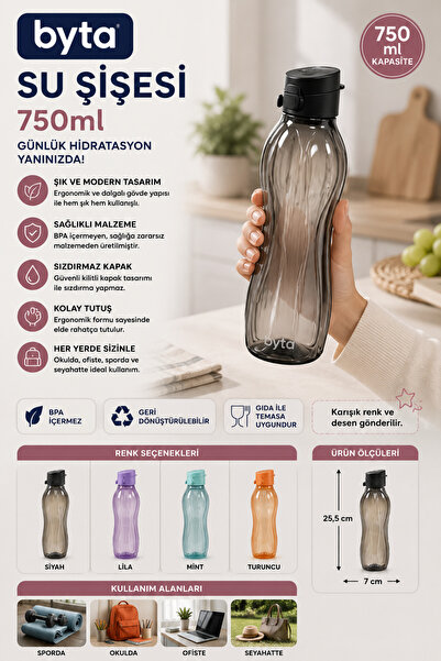 BYTA 750 ml Sızdırmaz Su Şişesi Matara BPA İçermez Ergonomik Tasarım Spor Oku...