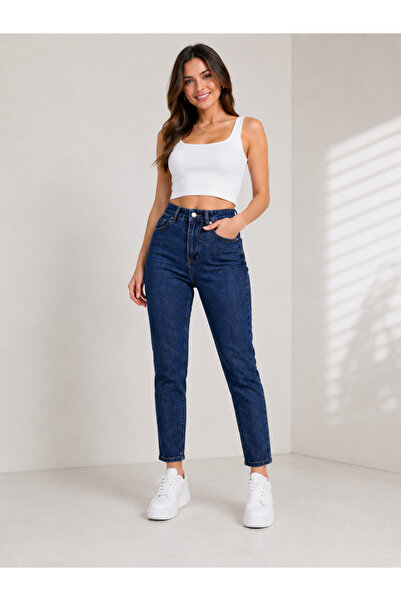 JILLY Anastasya visokog struka tamnoplave mom jeans pantalone od likre, posto...
