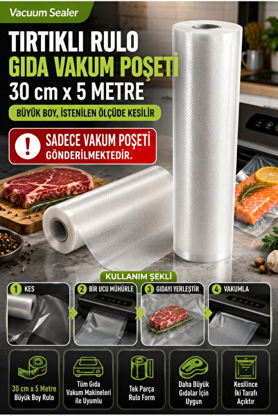 Vacuum Sealer 30 cm x 5 metre Tırtıklı Rulo Vakum Makinesi Poşeti Gıda Saklam...