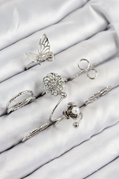 Inure Jewelry مجموعة خواتم نسائية من النحاس على شكل فراشة وردية فضية اللون