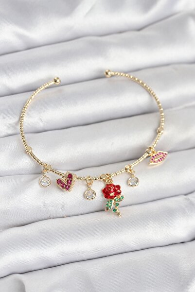 Inure Jewelry سوار نسائي من النحاس الذهبي اللون مع حلية على شكل وردة