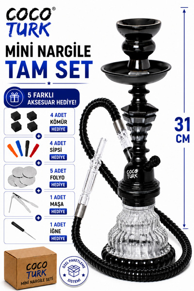 COCOTURK Siyah Küçük Boy Nargile Takımı Tüm Set Masa Üstü Nargile Takımı Mini...