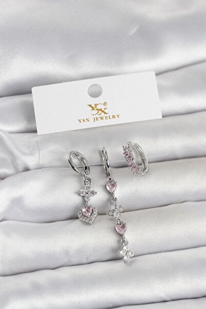 Inure Jewelry Brass Silver Color Pink Zircon Stone 3-Piece Women's Earrings