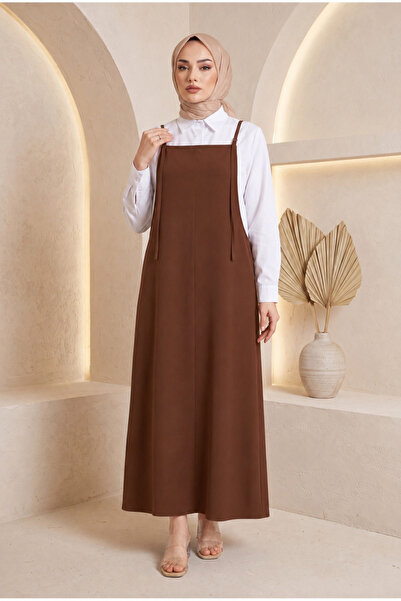 USLULAR Brown Rope Strap Dabıl Fabric Gilet Dress Oversized Hijab Dress with ...