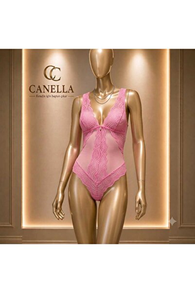 CANELLA SECRET Kadın Pembe Dantel Detaylı Tül Bodysuit