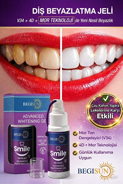 BEGISUN Diş Beyazlatma Jeli 50 ml – V34 & 4D Teknolojili, Sarı Ton Giderici, ...