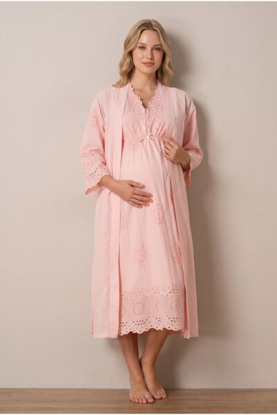 Pelin Women's Powder Linen Scalloped New Season 2-Piece Maternity Nightgown S...
