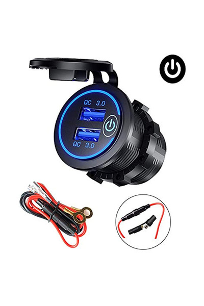 Choice4 شاحن سيارة سريع مزدوج USB QC 3.0 باللون الأزرق مع سلك، مقاوم للماء مع...