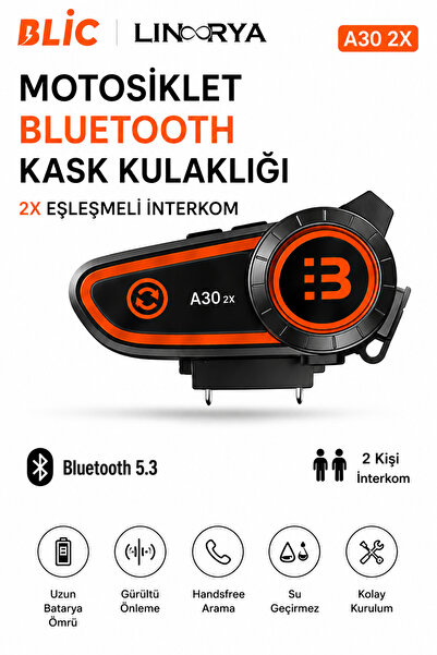 linarya BLIC A30 2X Bluetooth Eşleşmeli Motosiklet Kask Kulaklığı İntercom Ku...