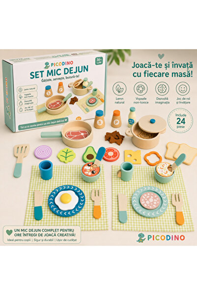 Picodino Set de veselă din lemn și alimente de jucărie
