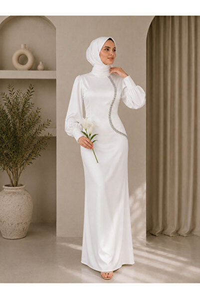 BestShopping Beli Taşlı Tesettür Abiye Beyaz