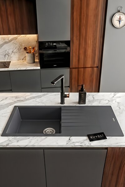 RealStone Assos 86 XL P011 Granit Evye 860x435 mm Tek Göz Damlalıklı Mutfak E...
