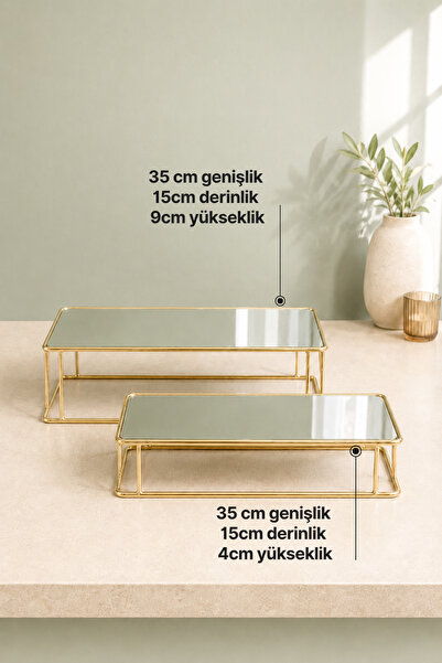 mba decor metal bending art Prisma Model Gold Aynalı Sunum Tepsisi – İkili Set | Dekoratif & Şık Sunum 30x15cm