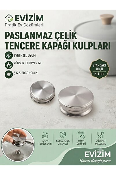Evizim Tencere Kapak Kulpu Paslanmaz Çelik Isıya Dayanıklı Yedek Kulp 2'li Set