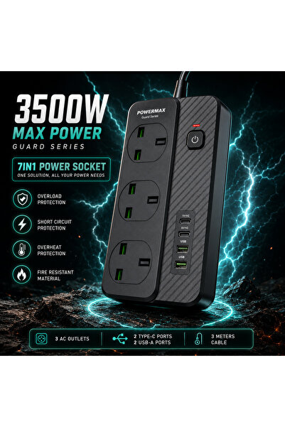 Primo شريط طاقة من سلسلة Guard بقوة 3500 واط - 3 مقابس عالمية + منافذ USB مزد...