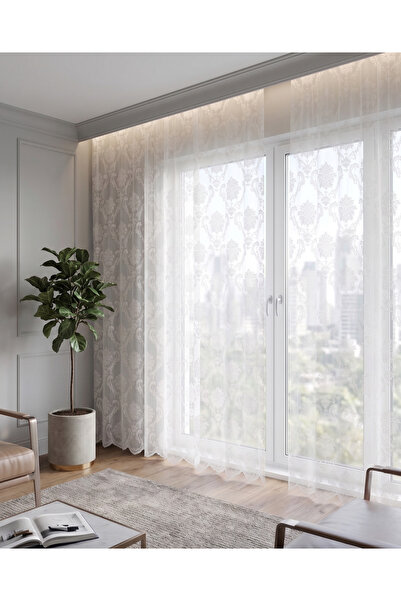 Evdepo Home Damask Ready-to-Wear Extra-forced Pleat-less Flat Planting Tulle ...