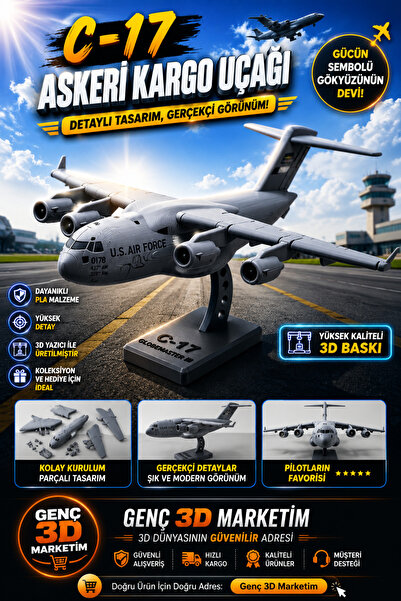 Genç 3D C-17 Askeri Kargo Uçağı Maket Kit Kart - Estetik Dekoratif Uçak Figür...