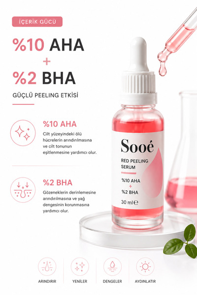 Sooê Kırmızı AHA BHA Peeling Serum 30 ml %10 AHA + %2 BHA, Glikolik Asit & Salisilik Asit, Leke Gözenek Akne İzi Karşıtı Yüz Serumu