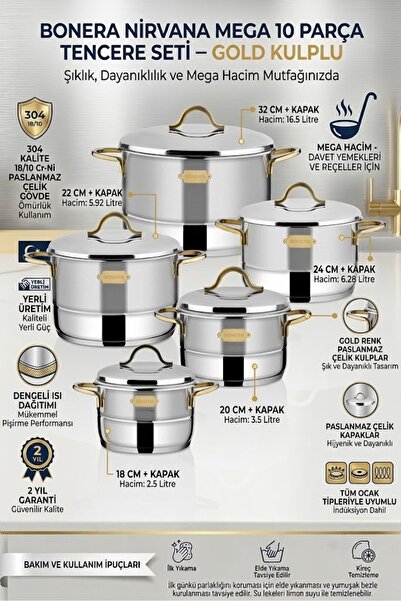 Bonera Nirvana Mega 10 Parça 304 Paslanmaz Çelik Tencere Seti – Gold Kulplu
