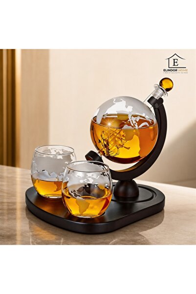 Elindor Set de decantere pentru whisky Globe®, 2 pahare, suport din lemn, 850 ml
