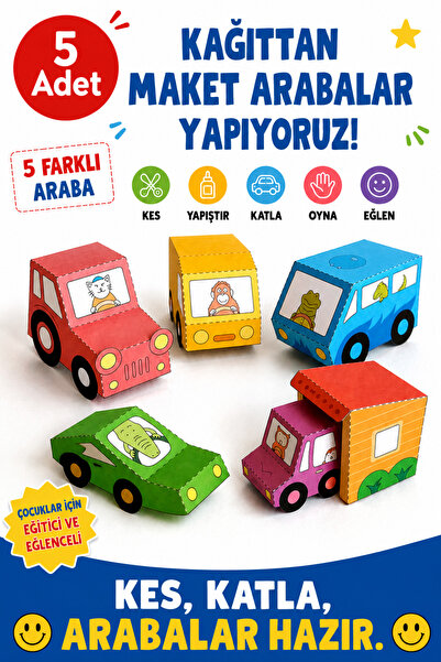 Organik Yolda Kağıttan Maket Arabalar Yapıyoruz Şablonu, 5 Adet A4 Boyutta Ka...