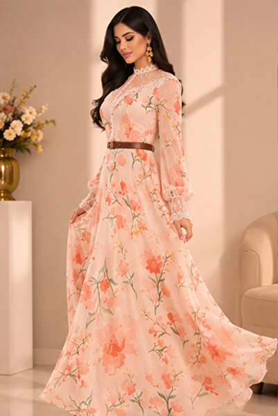 Stylish Fashion فستان من ستايلش فاشن تركي راقي مورد باللون المشمشي مزين بالدا...