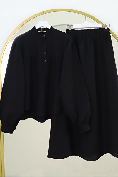 Modamorfo Oval Cut High Neck Blouse Skirt Muslin Set - Black