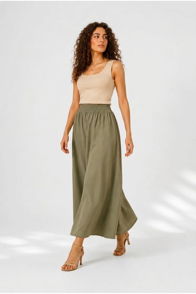 Warasiva Women's Khaki 100% Tencel Fabric Skirt with Elastic Waist and Pocket Detail