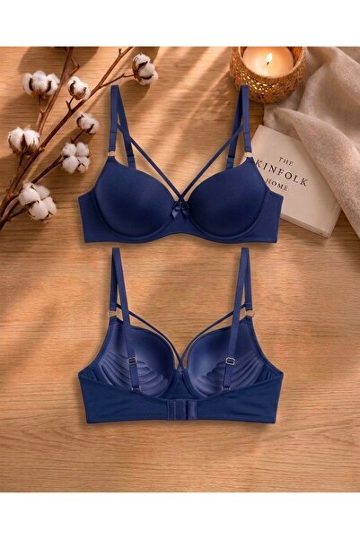 Lavint Homewear TOPARLAYICI MİKRO SLİKONLU BALENLİ İP ASKILI LACİVERT YARIM P...