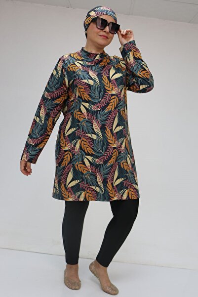 Eslina 1727 Large Size Long Sleeve Hijab Swimsuit Set - Leaf Pattern Mustard