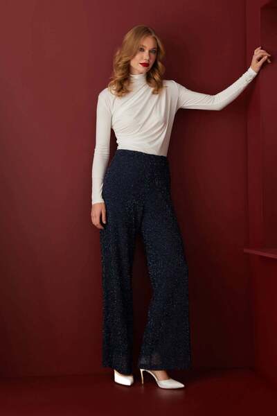 Fulla Moda Elastic Waistband with Glitter and Stones Palazzo Pants