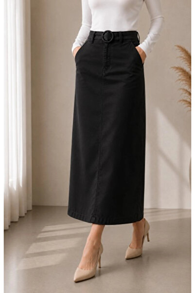VELLICHOR Pocket Detailed Belted Buckle Gabardine Skirt Black