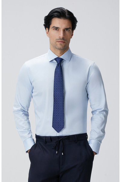 Network Slim Fit Mavi Pamuk Saten Gömlek