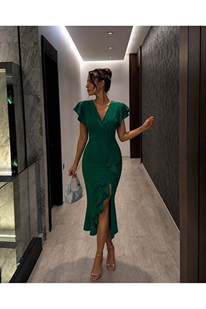 Modafeminen Flowers Volanlı Kumaş Simli Elbise 582046 Zumrut