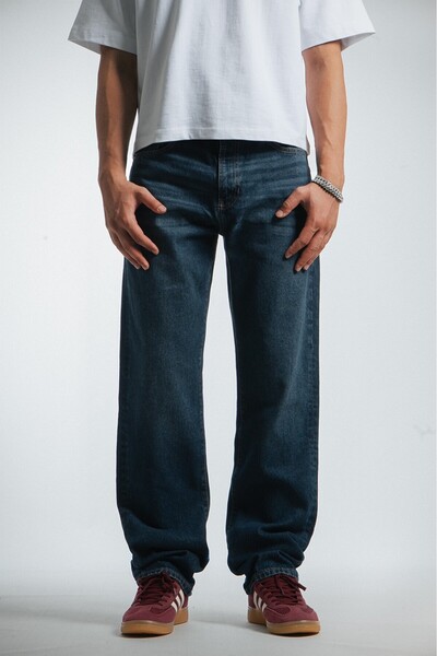 GRJ denim بنطلون جينز رجالي فضفاض باللون الأزرق الداكن