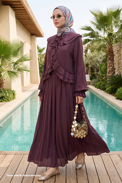 InStyle Σετ με δετά λουράκια και βολάν Modal Plum