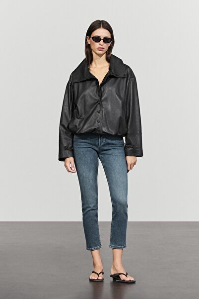 Massimo Dutti Düğme detaylı napa deri bomber ceket